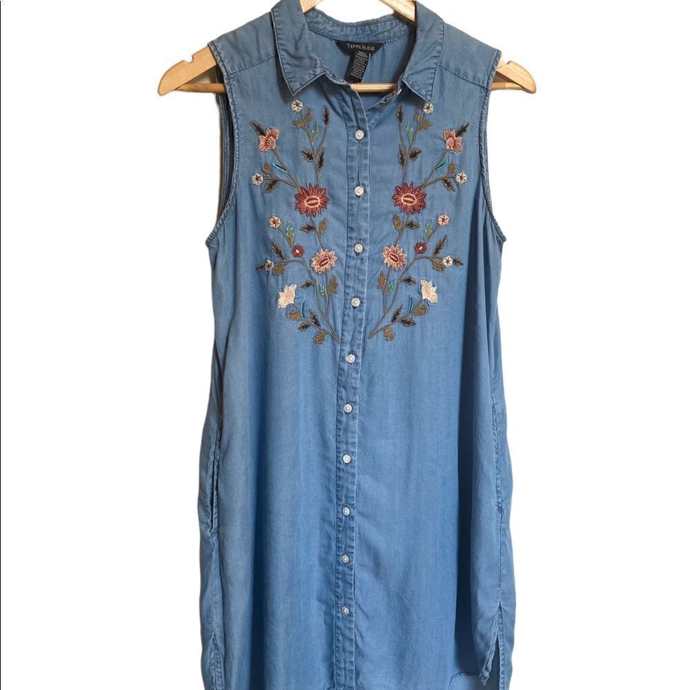 Terre Bleue Embroidered Sleeveless Denim Dress Size Small
